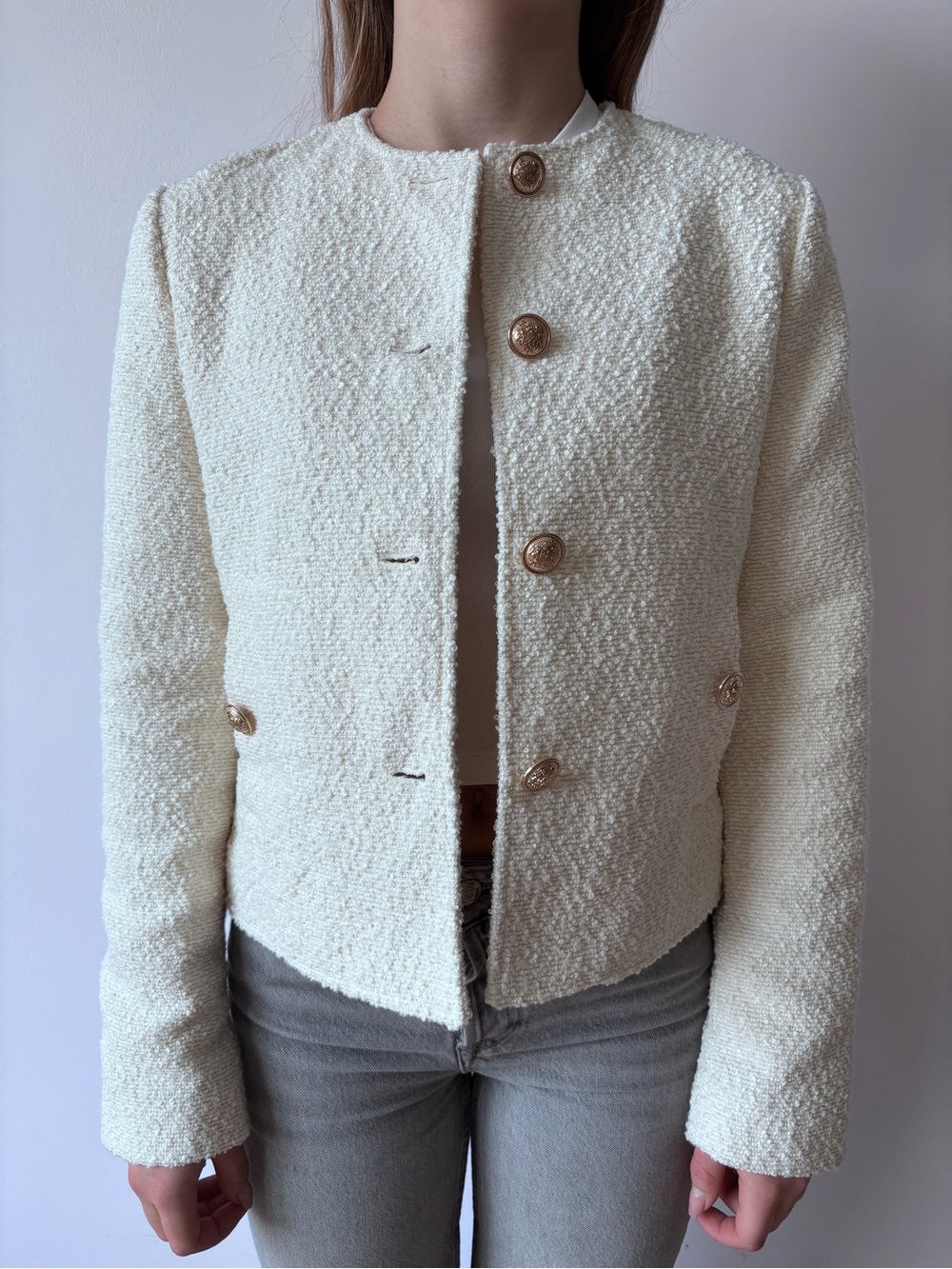 Zara Cream Bouclé Collarless Jacket with Gold Buttons